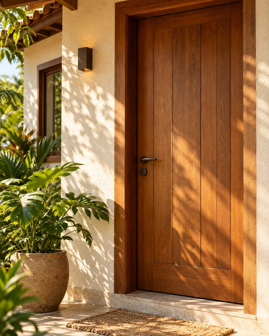 Porta de entrada com plantas e luz natural; imagem ilustrativa gerada por IA.